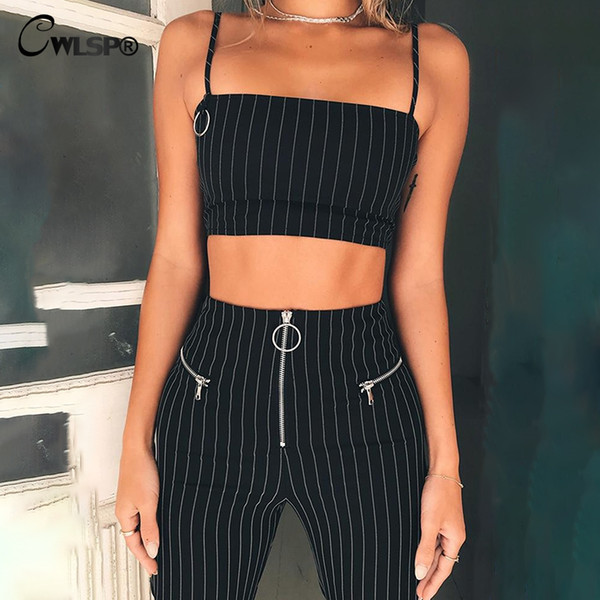 CWLSP Black Striped Two Piece Set Summer High Waist Overalls for women Crop Top and Pants with Zipper conjunto feminino QL4098