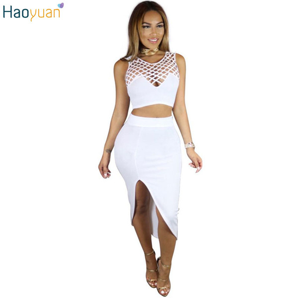 HAOYUAN Autumn Sexy 2 Piece Skirt Set Bodycon Sleeveless Crop Top And Skirt Set Women Summer Outfits Night Club Two Piece