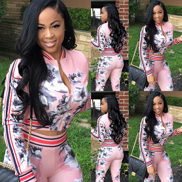 Women Hoodies Zipper Up Pink Print Floral Set Fashion Street Women Tops + Long Pants 2 Pieces