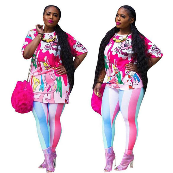 Fashion XL Plus Size Sport 2pcs Women Set Tracksuits print leisure Pullover T Shirt + Pants Jogging Suits Sportswear