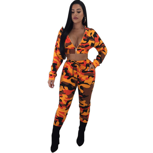 Camouflage 2 Piece Set Women 2018 Long Sleeve Camo Print Hooded Tops And Pants Casual Outfits Suit Two Piece Tracksuit