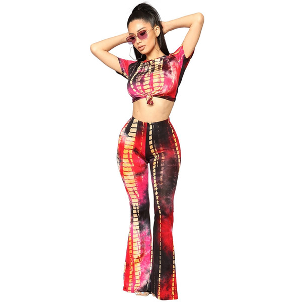 Women Tracksuit 2018 Summer Women Short Sleeve O Neck Crop Top and Flare Long Pant Set Sexy Printed 2 Piece Tracksuits