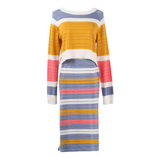 New 2018 Winter Runway 2 Piece Set Brand Stripe Patch Turtleneck Knitting Sweater + Bodycon Split Knee Length Skirt Women Suits