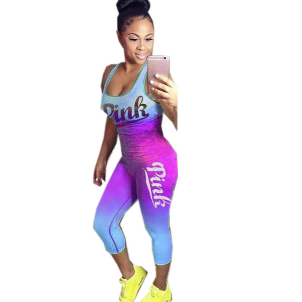 Plus Size women casual pink letter print Tank Top + Ankle Length Pants 2pcs sets casual tracksuit Lady's outfits Tight Overalls