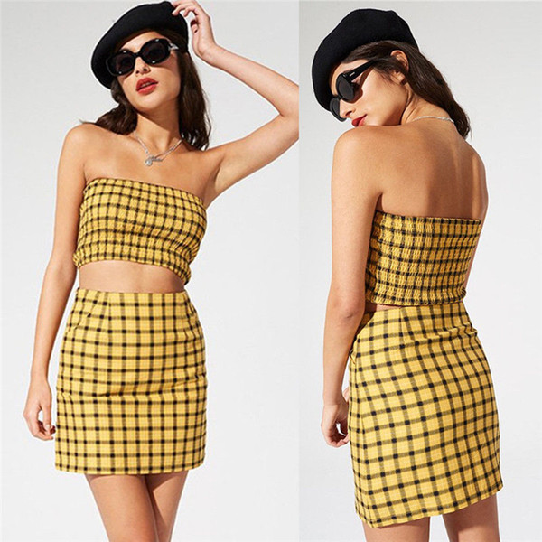 Strapless Crop Top Skirt 2 Piece Set Women Plaid Blouse Pencil Skirt Co-Ord Ladies Elegant OL Style Twopiece