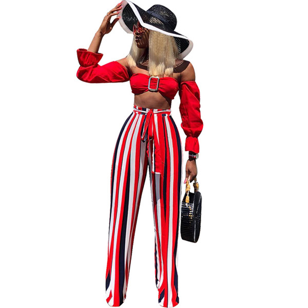 Autumn 2018 Sexy Two Piece Set Women Long Sleeve Strapless Crop Top and Striped Wide Leg Pants Suit Party 2 Piece Outfits Female