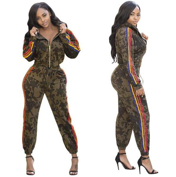 Designer Side Striped Women Tracksuit Hooded 2 Pieces Outfits For Women Camouflage Print Women Set