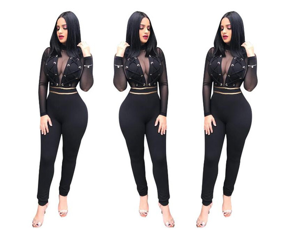 Sexy Lace Two Pieces Coat and Pants Suit New Design Long Sleeves See Through Jacket High Waist Long Trousers Fashion Clothing Sets