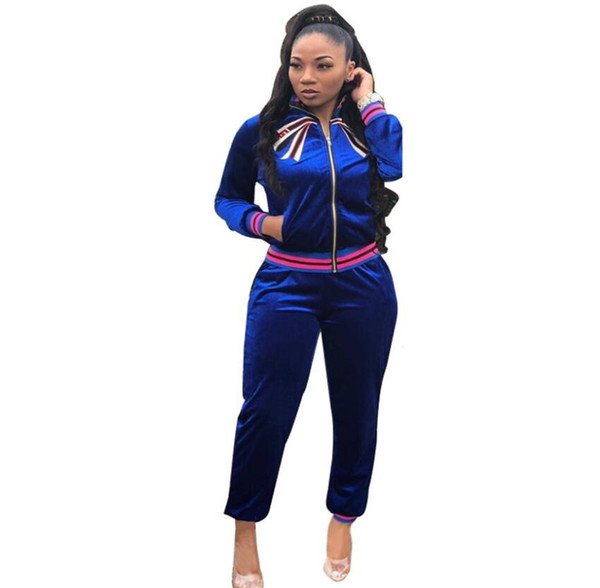 Blue Zip Up Striped Tape Jacket & Drawstring Pants Tracksuit Women Satin Streetwear Spring Casual Two Piece Set