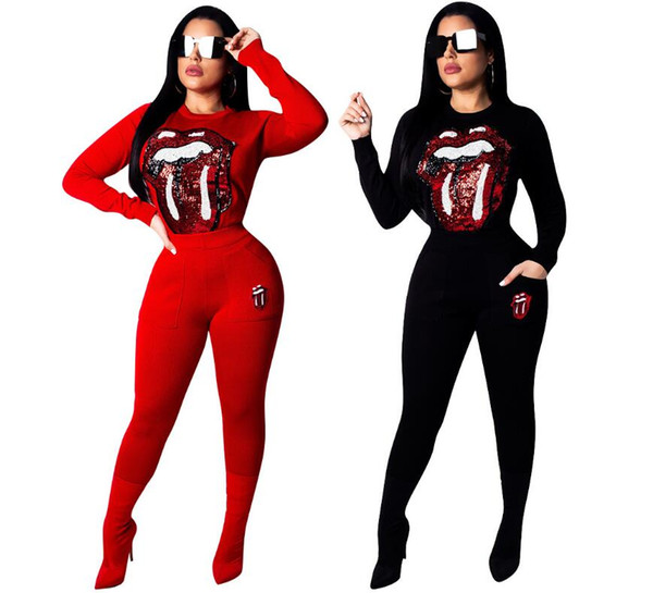 sequined lips spliced fashion 2 piece set women long sleeve top and side pockets sheath pants autumn high street tracksuit