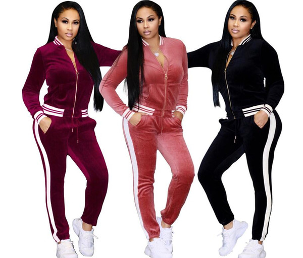 Women Set 2 Pcs Patwork Casual Velour Jacket Coat+Full Length Velvet Pant Set New Tracksuits