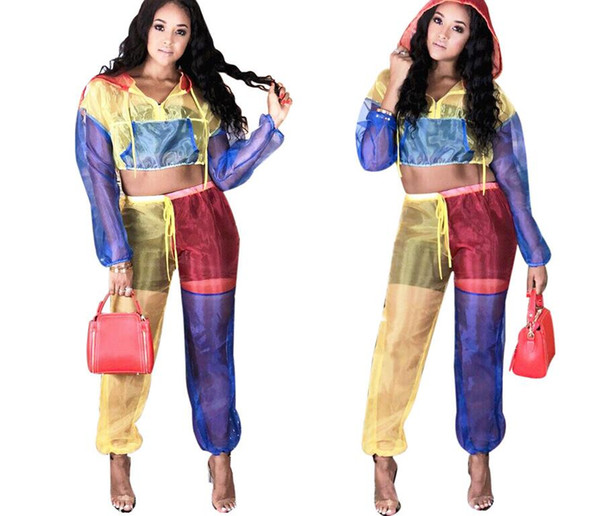 Color Patchwork Sheer Mesh Women Tracksuit Front Zipper Long Sleeve Hooded Jacket Crop Top + Pants Two Piece Set Outfits