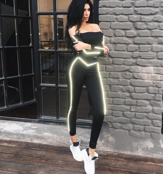 2 piece set crop top legging fitness reflective glow in the dark outfit female pants tracksuit track suit two piece set