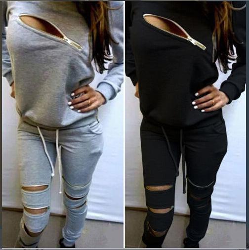 Fashion 2XL Plus Size Sport 2pcs Women Set Tracksuits Statement Personality Zipper Casual Sets Cloth + Pants Free Shipping