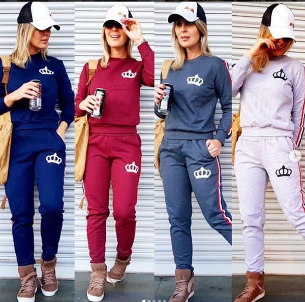 New fashion Women's Spring Tracksuit Women Hoodies 2-Piece Set O-neck Print Sweatshirt+Side Striped Pants Leisure Suits