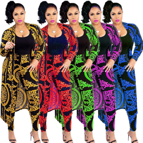 Women's Tracksuit Fashion Sexy Long Sleeve X-Long National Print Trench Coat Skinny Leggings 2 Piece Sets Suits Outfits