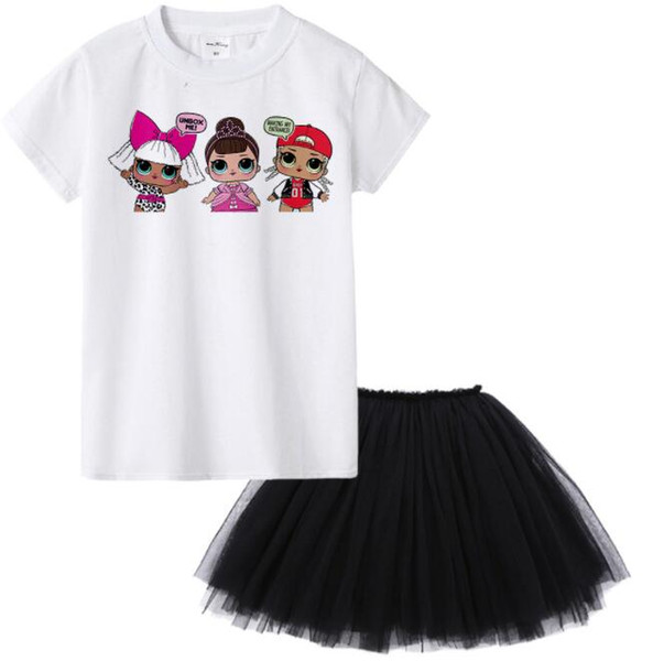 kids summer short sleeve t shirt + mesh skirt cartoon Surprise Short Sleeve T-Shirt Children's white T-Shirt dress set LJJK1535