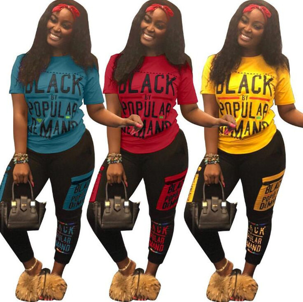 Women Tracksuits 3 Colors Black Smart Letter Printed T-shirt Pants 2pcs/set Summer Fashion Sportswear Outfit Clothing Set OOA6819