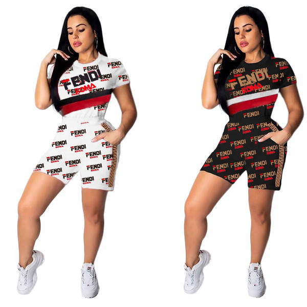 F Letter Tracksuits Women Short Sleeve Shirt Shorts 2pcs/set Outdoor Sports Letter Printed Clothing Set LJJO6815