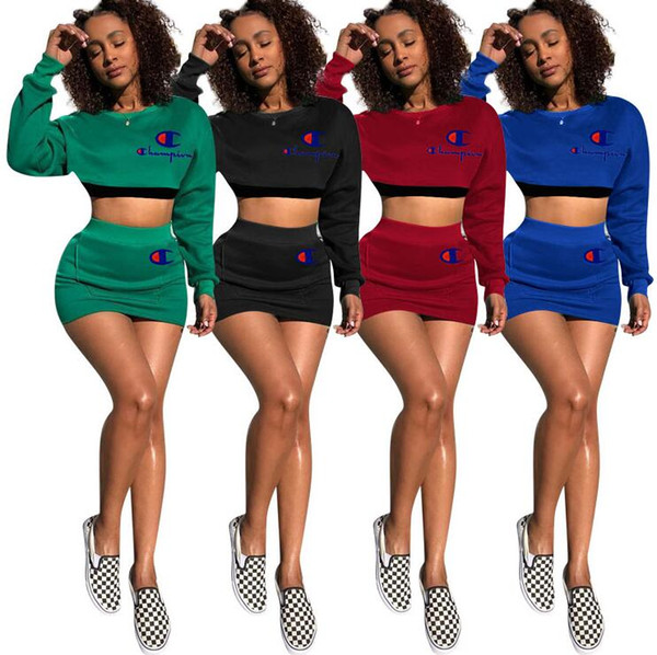 C Letter Tracksuit Long Sleeve Crop Top Hoodies + Short Dress 2 Piece Outfits Summer Printed Skirt Set Jogger party wear AAA2226