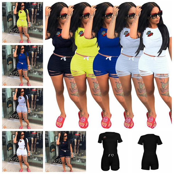 Women Summer Casual Shorts Tracksuit Crown & Lip Gloss Crop Sweatshirt With Ripped Hole Shorts Pant 2pcs set jogger suit GGA439 6sets