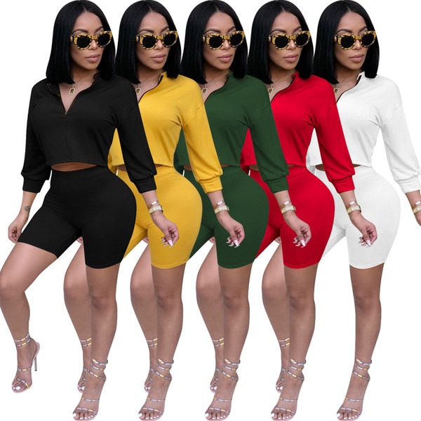 Women Zipper V neck Solid Tracksuit Crop Tops + Shorts 2 Piece Set Short Sleeves Suit Outfits Sportswear LJJA2332