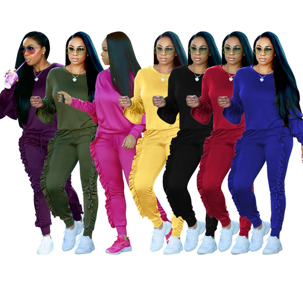 Women Ruffles Hoodies Tracksuit Sweatshirt Top Pants Sportwear Jogging Set Ruffles Casual Suit 2pcs/Set OOA3762