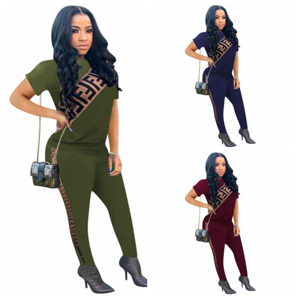 F Letter Tracksuit Women Short Sleeve T Shirt Long Pants 2pcs/set Skinny Pencil Pants Sports Outfits LJJO6581