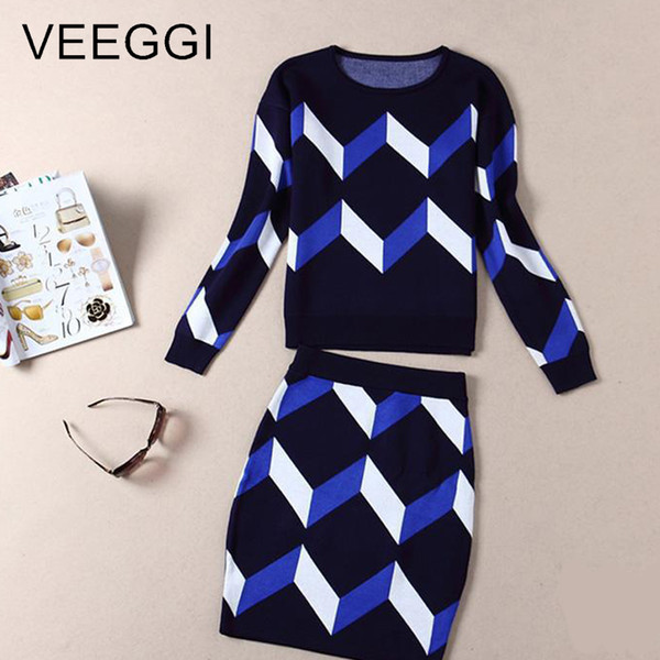 VEEGGI New Women Two Piece Sets Long Sleeve O-Neck Pullover Knitting Sweater Plus Mini Skirt Women Clothing Sets 1811083