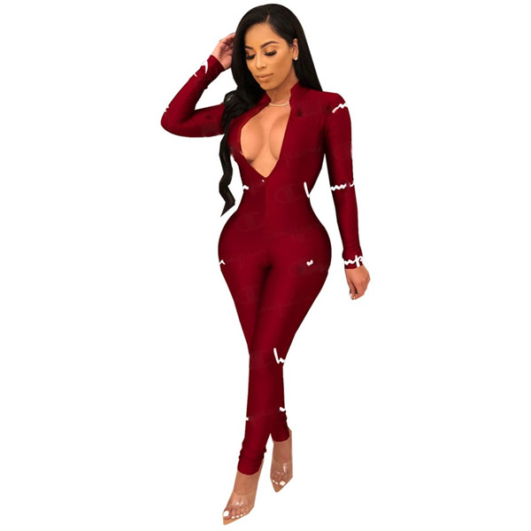 Joiekuno QM3588 Letter Long Jumpsuits Fashion 2 piece set women Bodycon V neck ZIp Collar Sexy Party Club Women Rompers WZ126