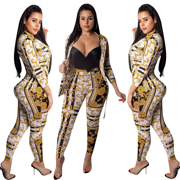 Fashion Gold Print Women Two Piece Set Turn Down Collar 3/4 Sleeve Single Button Coat Pencil Pants Business Suits Outfit