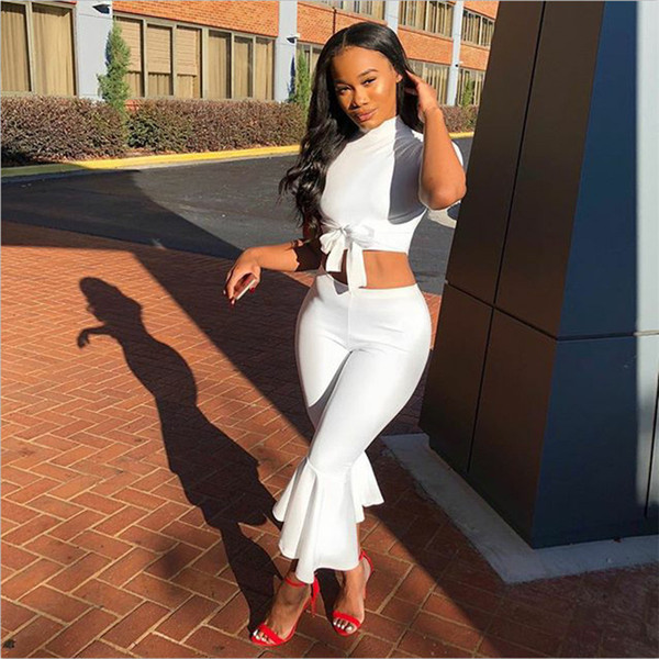 White Two Piece Set Women 2018 Summer Outfits Short Sleeve Bow Tie Up Top and Cropped Flare Pants Suit Fashion Sexy Women Sets