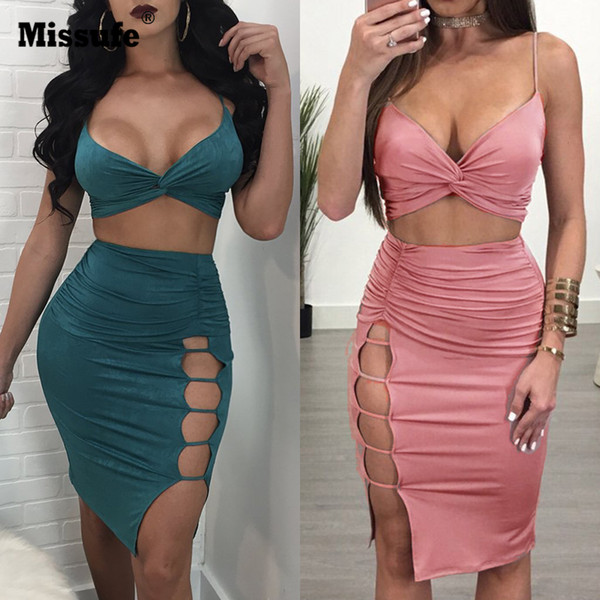 Missufe Sexy Strap Autumn Dress Women Twist Ruched V Neck Crop Tops High Split Hollow Skirt 2 Piece Set Club Party Women Sets