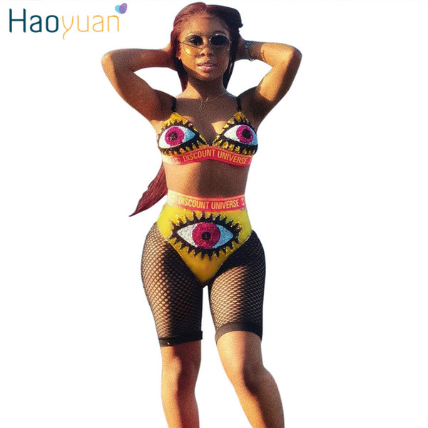 HAOYUAN 2 Piece Set Women Letter Print Beach Crop Top and Mesh Shorts Suits Sexy Summer Outfits Tracksuit Fishnet Two Piece Set