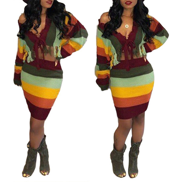 Fashion Color Block Two Piece Set Sexy Women Off Shoulder Tied Sweater Bodycon Skirt