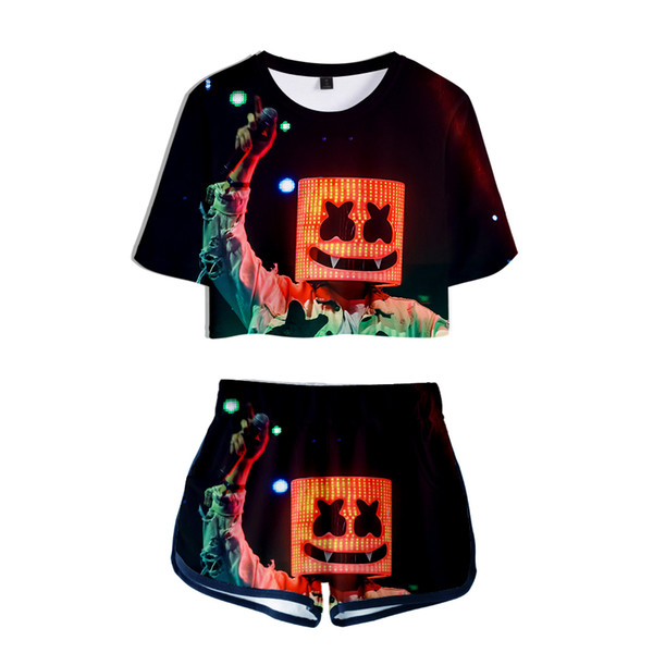 Marshmello 2019 New 3D Women Two Pieces Sets Cool Sexy Women Summer Navel Short Sleeve+Shorts Highstreet Outwear Casual Sets