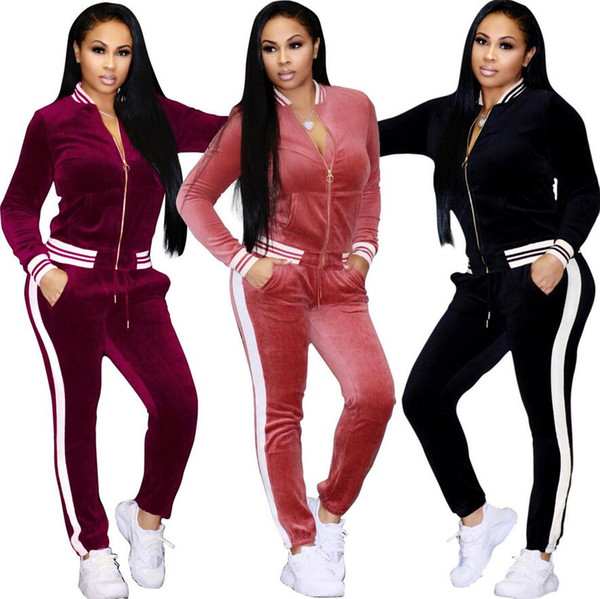 Ladies Spring autumn Casual Velvet Two-piece Outfits Long Sleeved Jacket Long Pant Womens Fall Sweatsuits Tracksuit