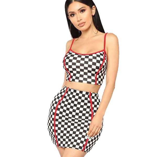 Women Black White Plaid Dress Set Summer Bodycon Crop Top And Mini Skirt Set Sexy Skirts Ladies Evening Party Clothes