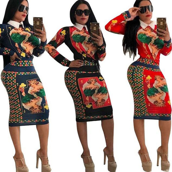 018 Europe and the United States hot trend new female long-sleeved printed two-piece women skirt free shipping