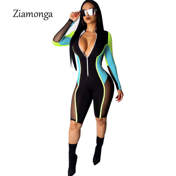 Ziamonga Long Sleeve Bodycon Rompers Womens Jumpsuit One Piece Deep V Neck Mesh Bandage Short Playsuit Casual Overalls For Women