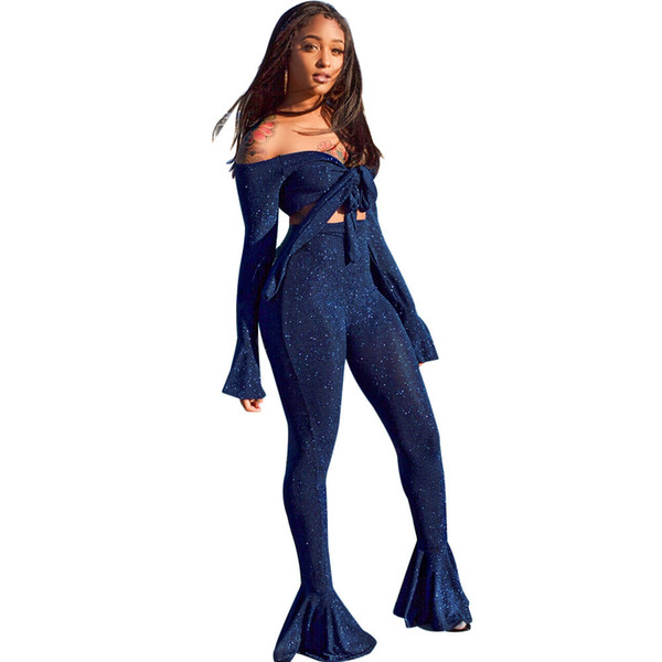 Sexy Two Piece Set V Neck Flare Sleeve Crop Top And Flare Pants Fashion 2 Piece Set Women 2019 Summer Outfits