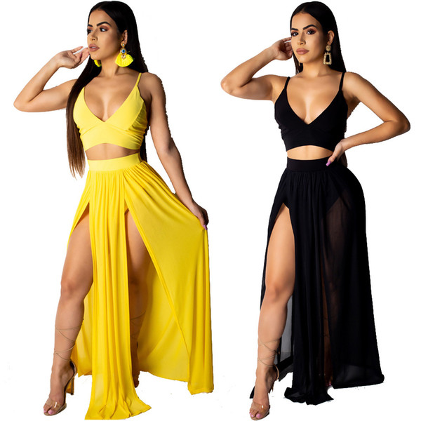 Summer v neck crop top and maxi skirt set high split beach casual 2 pieces outfits for women set ladies chiffon clothes 3043