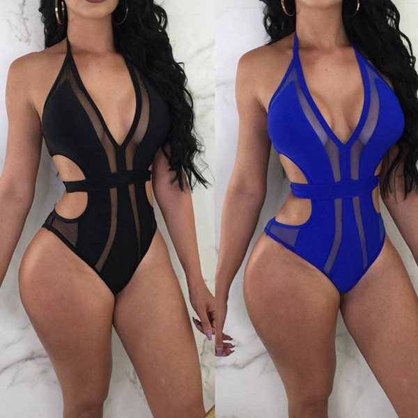 Sexy Womens Swimwear See-through Mesh Patchwork One Piece Halter Deep V Neck Monokini Push Up Bikini Bathing