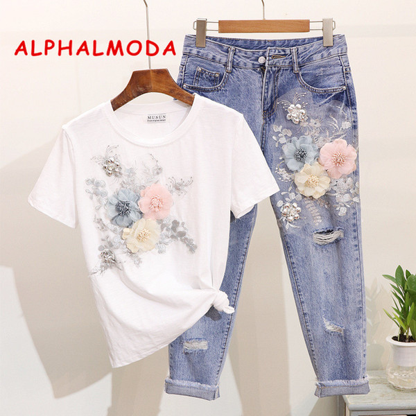 ALPHALMODA 3D Flower Applique Fashion Tshirt Slim Denim Pants Women Heavy-work Fine Quality Clothing for Summer Trendy Apparel