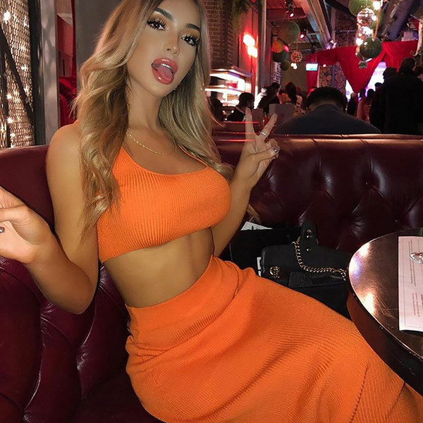 Neon Orange Rib Knit Sexy Two Piece Set Crop Top and Long Skirt 2piece Clubwear Summer Sets for Women 