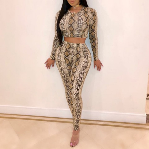 2 piece set women snake print long sleeve crop top and long pants two piece set Fashion streetwear two top and pants