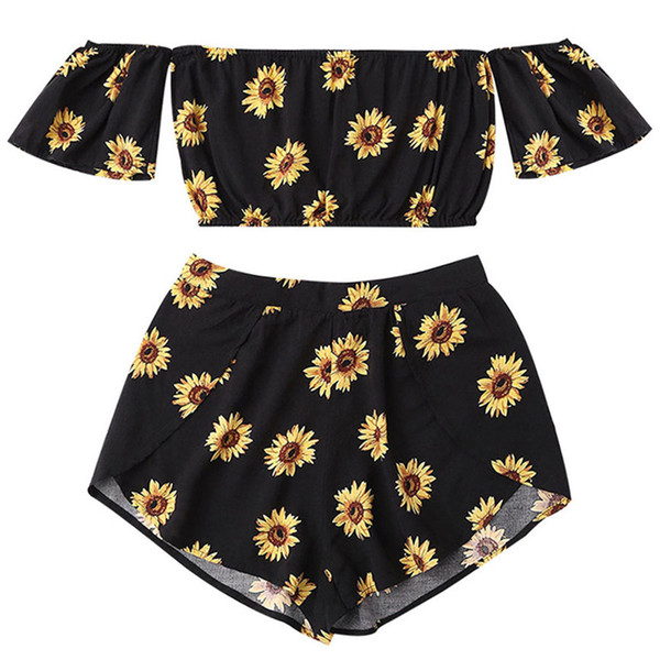 Women's Summer Casual Two Piece Set Women Off Shoulder Sunflower Printed Beachwear Crop Tops Slash Neck Swimmwear For Ladies M9