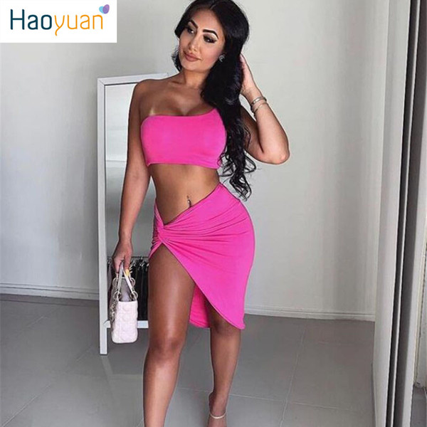 HAOYUAN Summer Neon 2 Piece Set Women Clothes Crop Top and Knotted Slit Midi Skirt Matching Sets Sexy Two Pcs Club Outfits