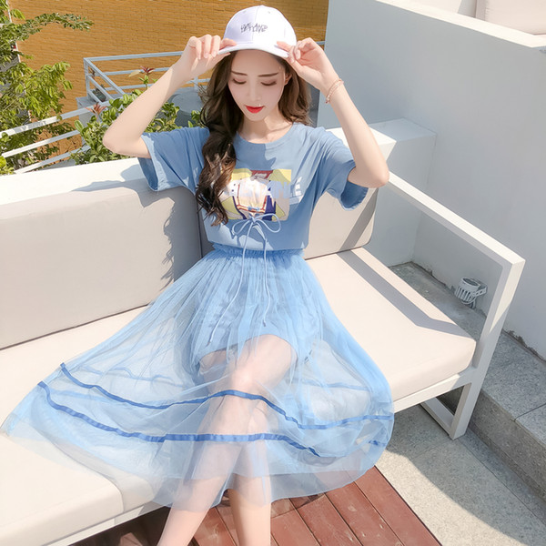 2 Piece set Summer Women's Cotton Long Strapless T-shirt +Mesh See Through Skirt Sets Women Fashion Holes Belt Skirts Suits