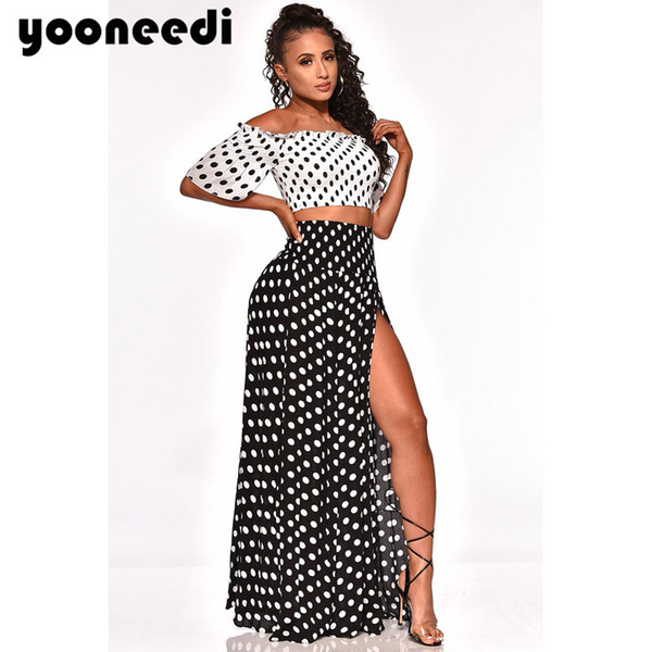 Yooneedi 2019 Summer New Arrival Sexy 2 piece Women Set Color Dot Slash Neck Short Sleeve Tops Maxi Dress MYF-9338